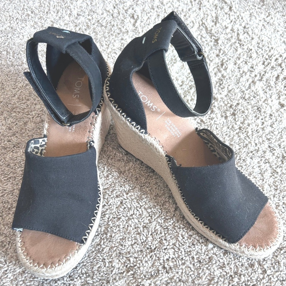 TOMS Preppy Marisol Black Espadrille Wedge Sandal SZ 8.5